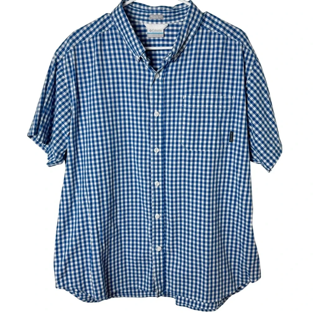 Columbia Mens XL Blue White Gingham Short Sleeve‎ Button Down Shirt Regular Fit